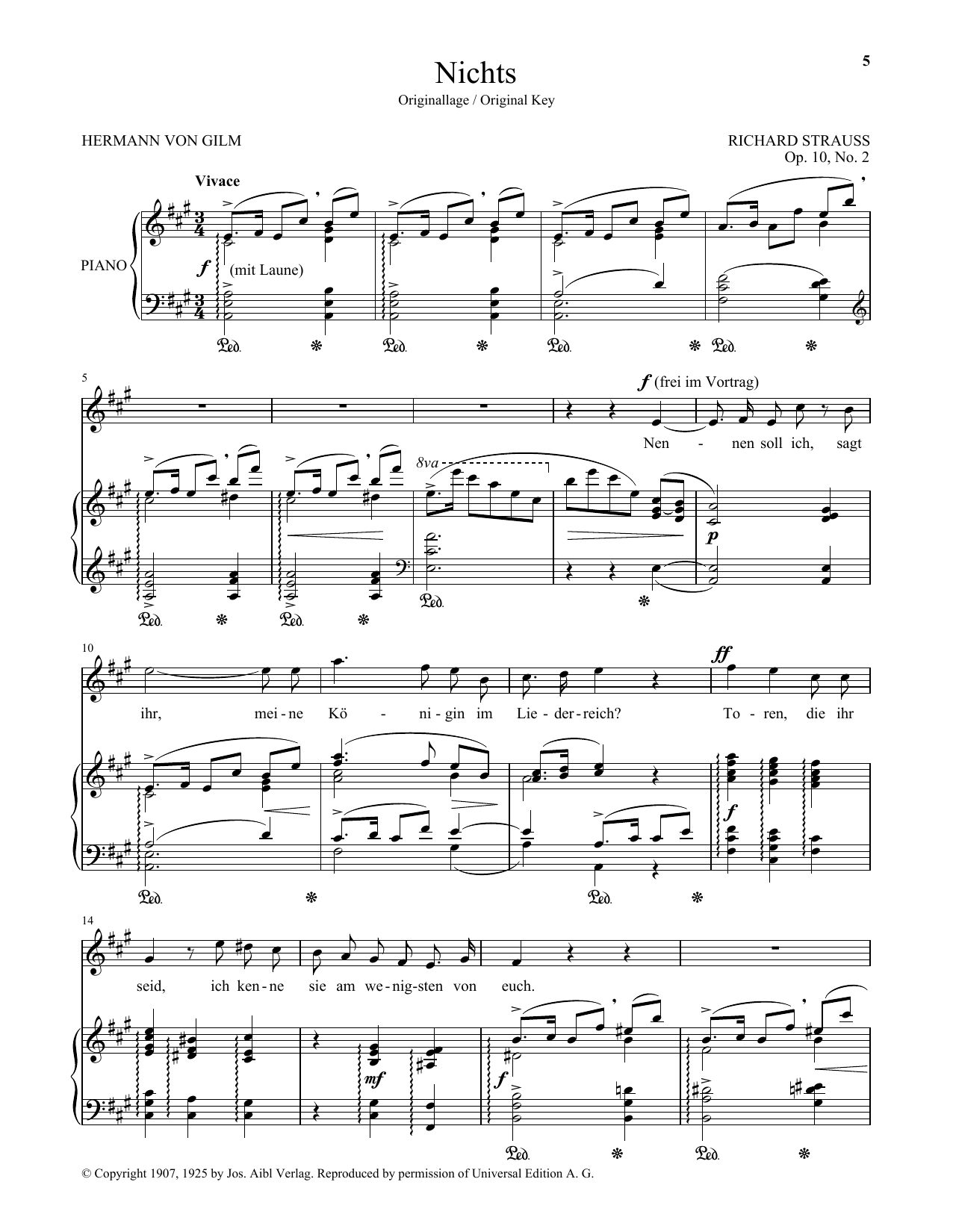 Download Richard Strauss Nichts (High Voice) Sheet Music and learn how to play Piano & Vocal PDF digital score in minutes