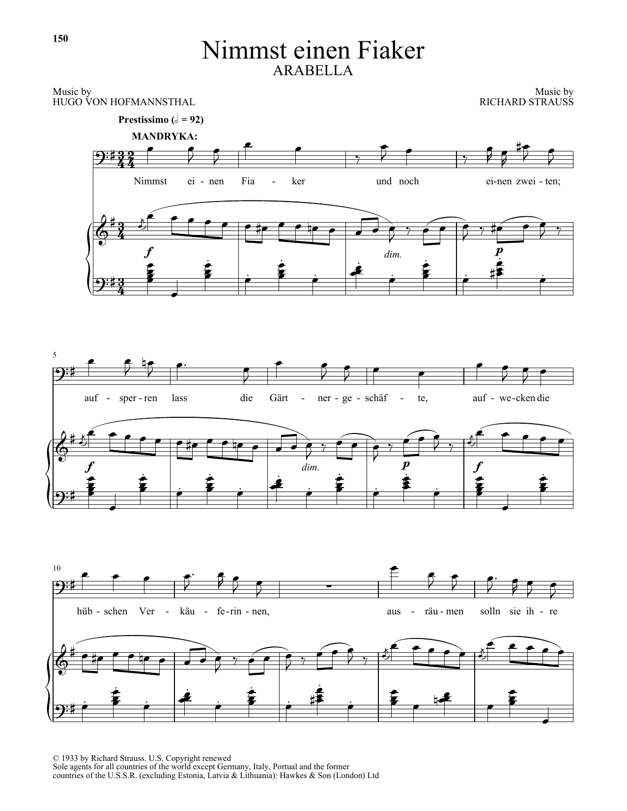 Download Richard Strauss Nimmst einen Fiaker (from Arabella) Sheet Music and learn how to play Piano & Vocal PDF digital score in minutes