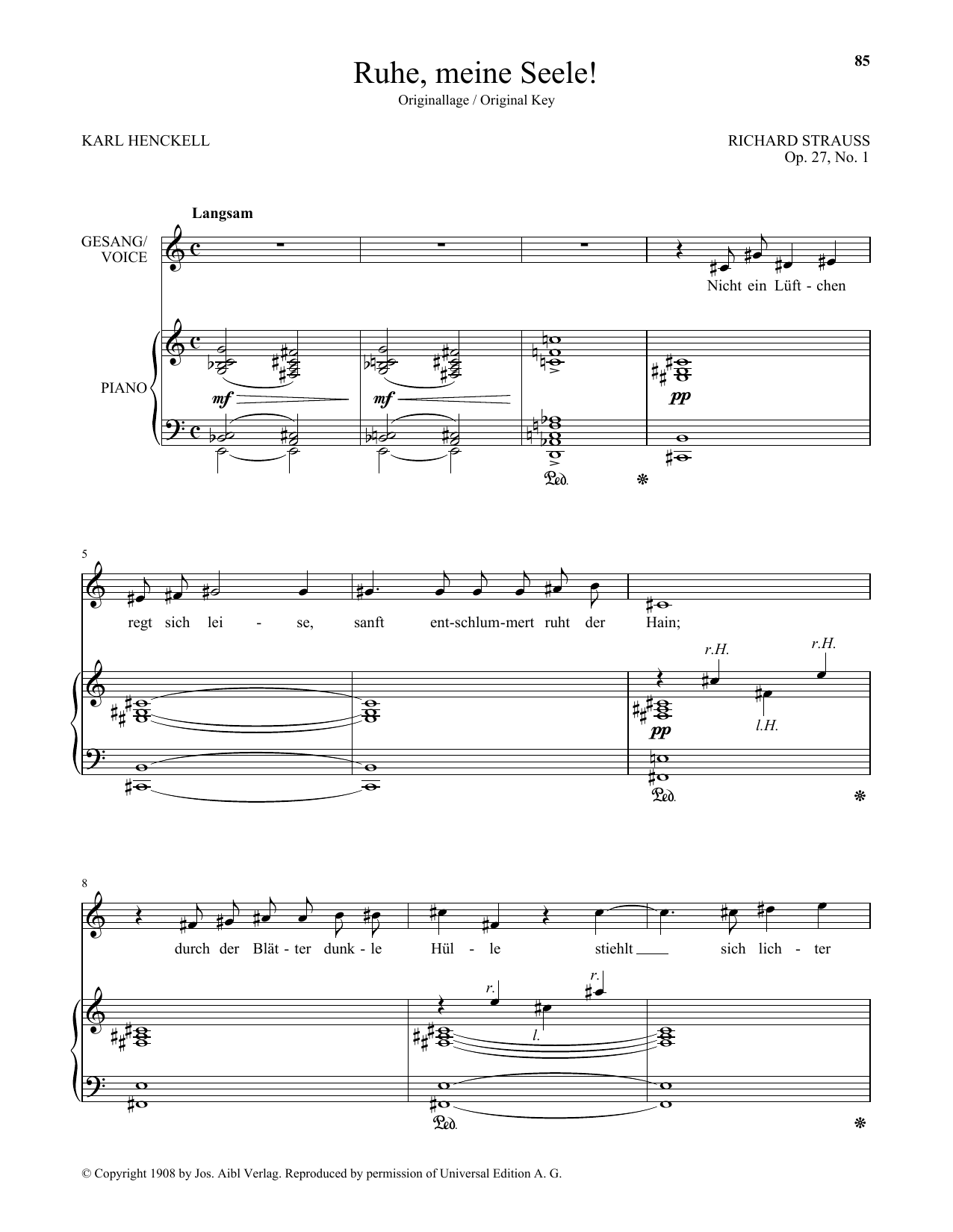 Download Richard Strauss Ruhe, Meine Seele! (High Voice) Sheet Music and learn how to play Piano & Vocal PDF digital score in minutes