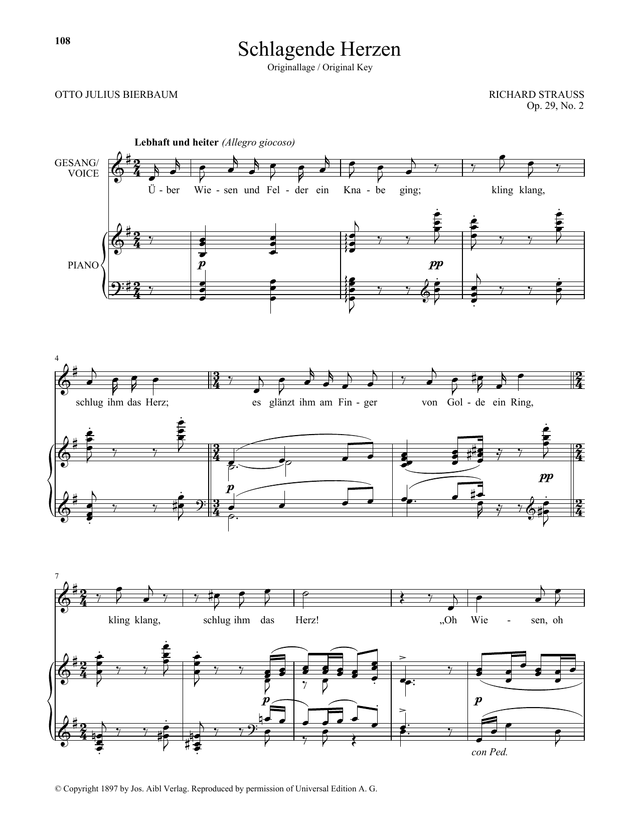 Download Richard Strauss Schlagende Herzen (High Voice) Sheet Music and learn how to play Piano & Vocal PDF digital score in minutes