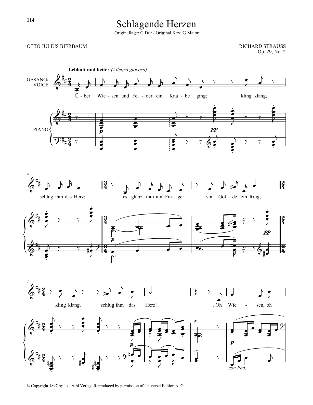Download Richard Strauss Schlagende Herzen (Low Voice) Sheet Music and learn how to play Piano & Vocal PDF digital score in minutes