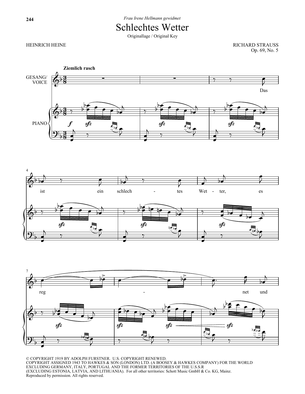 Download Richard Strauss Schlechtes Wetter (High Voice) Sheet Music and learn how to play Piano & Vocal PDF digital score in minutes