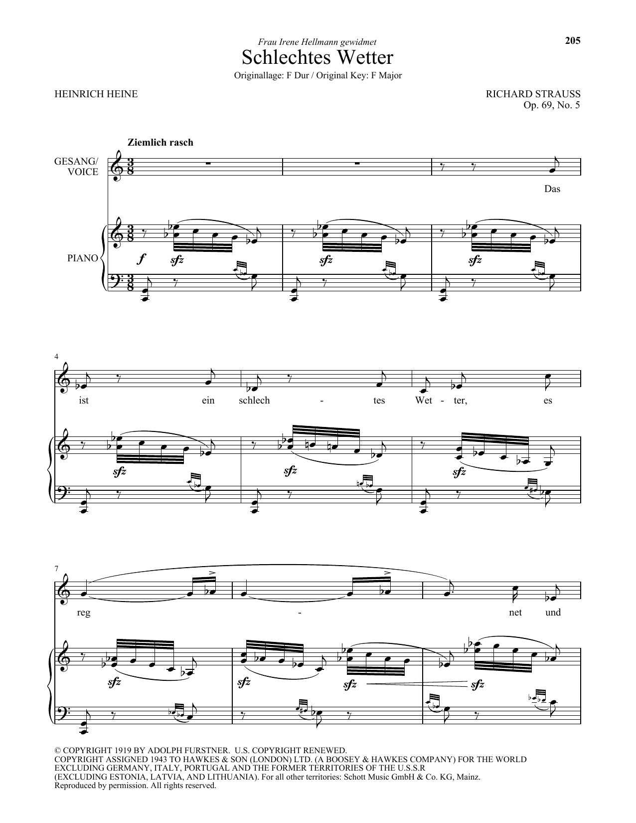 Download Richard Strauss Schlechtes Wetter (Low Voice) Sheet Music and learn how to play Piano & Vocal PDF digital score in minutes