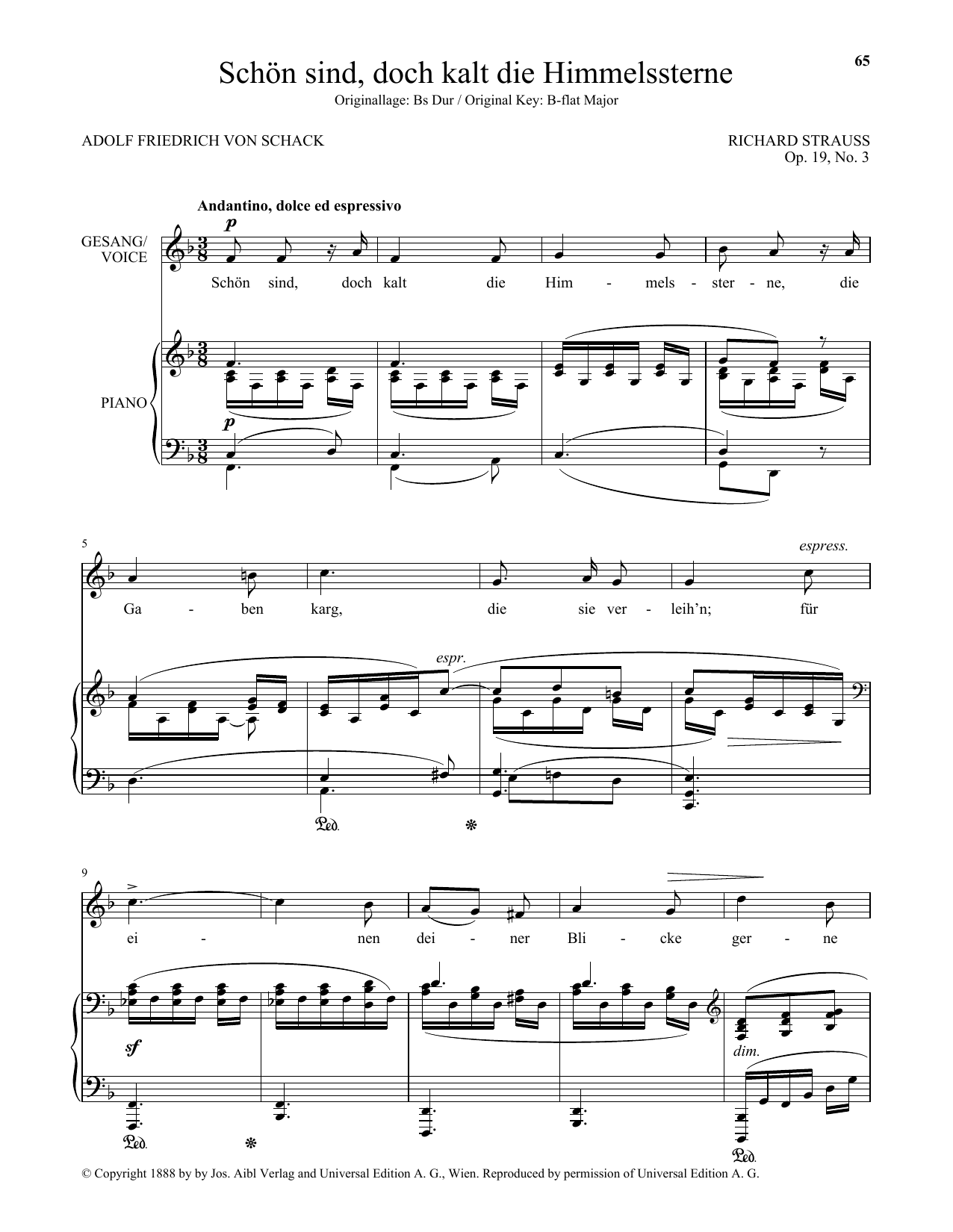 Download Richard Strauss Schon Sind, Doch Kalt Die Himmelssterne (Low Voice) Sheet Music and learn how to play Piano & Vocal PDF digital score in minutes