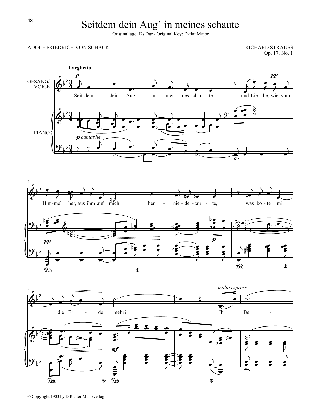 Download Richard Strauss Seitdem Dein Aug' In Meines Schaute (Low Voice) Sheet Music and learn how to play Piano & Vocal PDF digital score in minutes