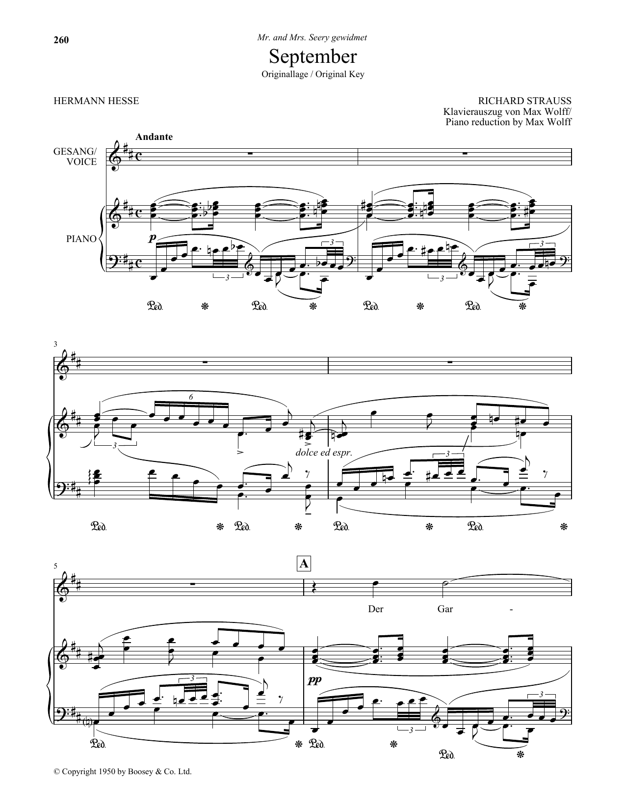 Download Richard Strauss September (High Voice) Sheet Music and learn how to play Piano & Vocal PDF digital score in minutes