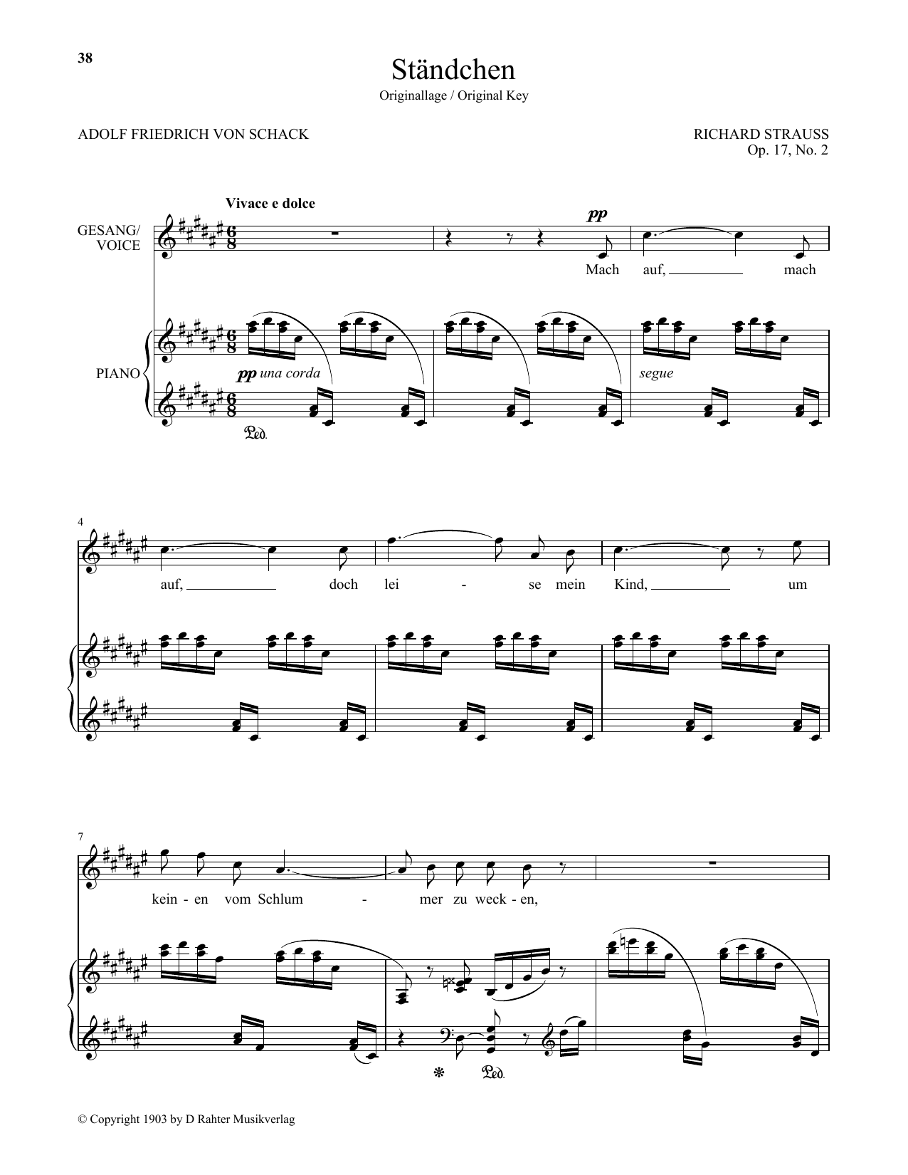 Download Richard Strauss Standchen (High Voice) Sheet Music and learn how to play Piano & Vocal PDF digital score in minutes