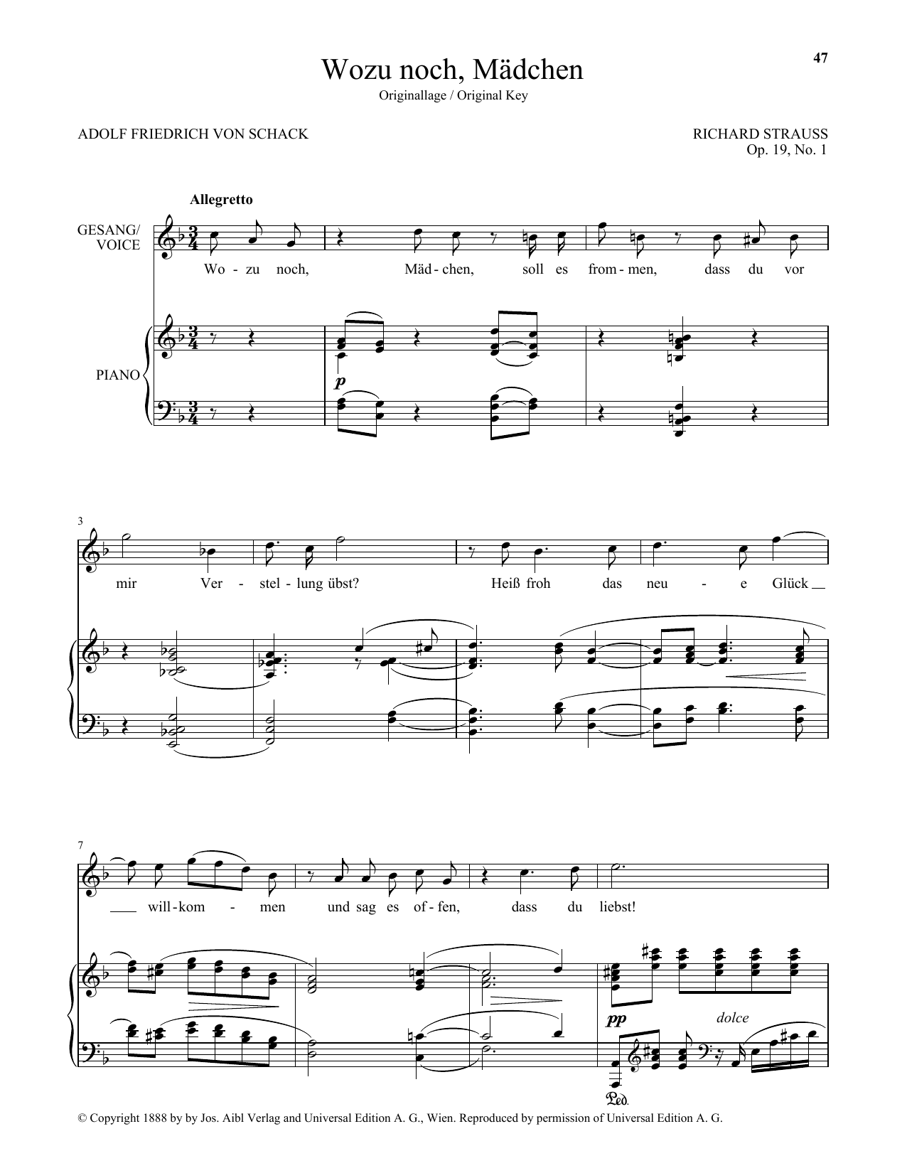 Download Richard Strauss Wozu Noch, Madchen (High Voice) Sheet Music and learn how to play Piano & Vocal PDF digital score in minutes