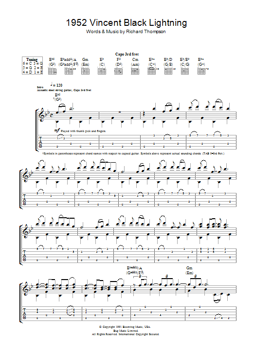 Download Richard Thompson 1952 Vincent Black Lightning Sheet Music and learn how to play Guitar Tab PDF digital score in minutes