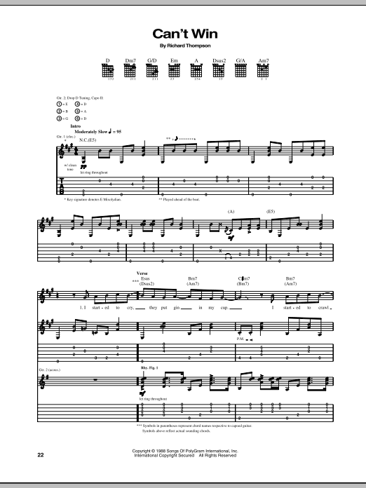 Download Richard Thompson Can't Win Sheet Music and learn how to play Guitar Tab PDF digital score in minutes