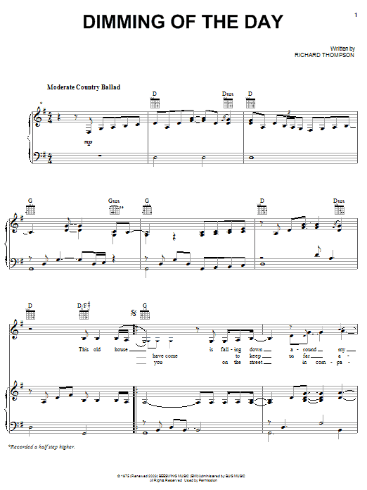 Download Richard Thompson Dimming Of The Day Sheet Music and learn how to play Piano, Vocal & Guitar (Right-Hand Melody) PDF digital score in minutes