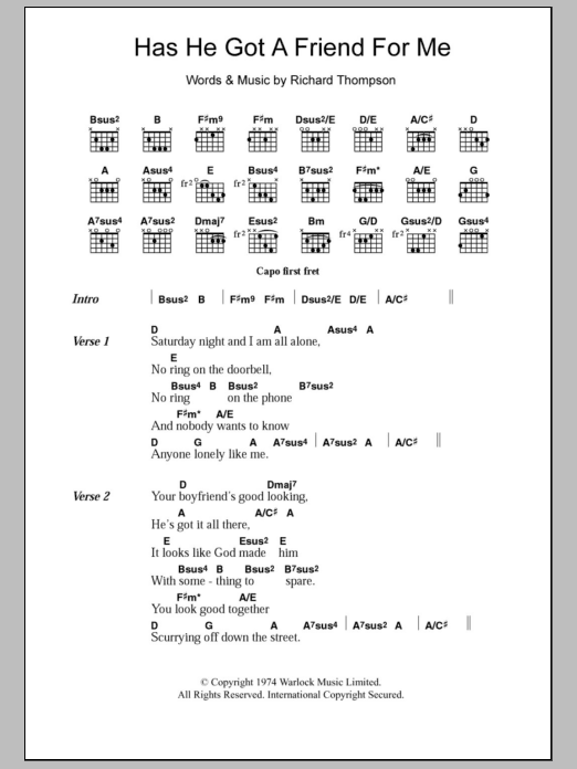 Download Richard Thompson Has He Got A Friend For Me Sheet Music and learn how to play Lyrics & Chords PDF digital score in minutes