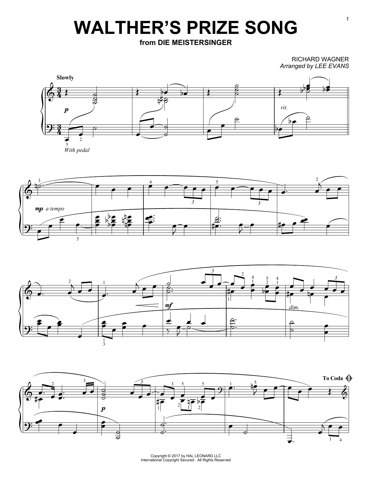 Download Lee Evans Walther's Prize Song Sheet Music and learn how to play Piano PDF digital score in minutes