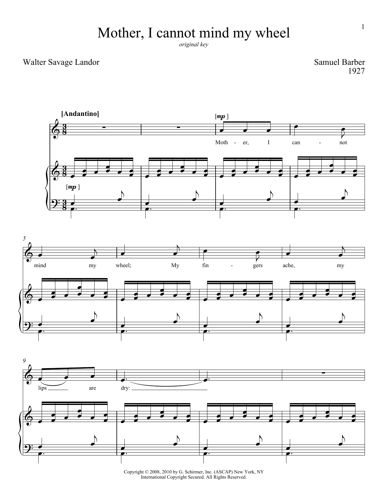 Download Samuel Barber Mother, I Can Not Mind My Wheel Sheet Music and learn how to play Piano & Vocal PDF digital score in minutes
