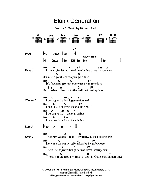 Download Richard Hell & The Voidnoids Blank Generation Sheet Music and learn how to play Lyrics & Chords PDF digital score in minutes