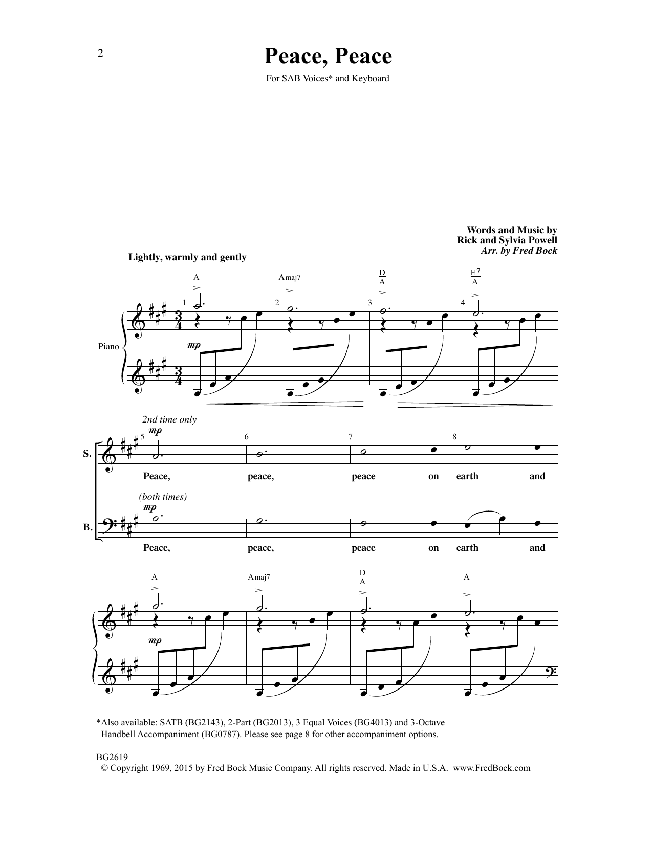 Download Rick and Sylvia Powell Peace, Peace (arr. Fred Bock) Sheet Music and learn how to play SAB Choir PDF digital score in minutes