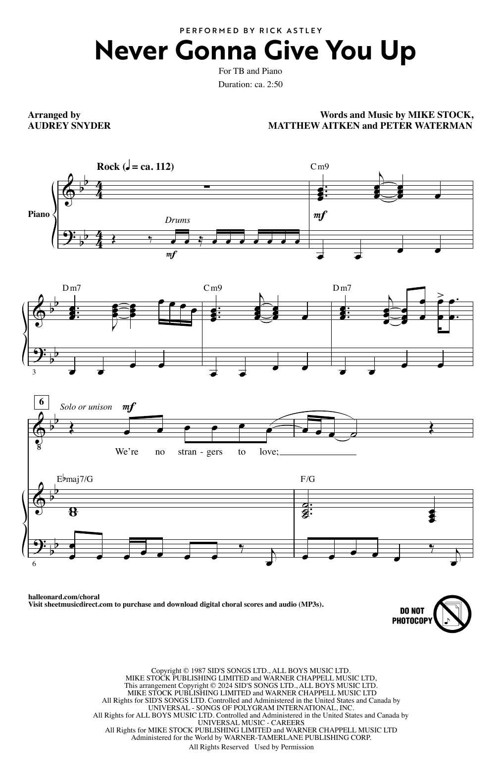 Download Rick Astley Never Gonna Give You Up (arr. Audrey Snyder) Sheet Music and learn how to play TB Choir PDF digital score in minutes