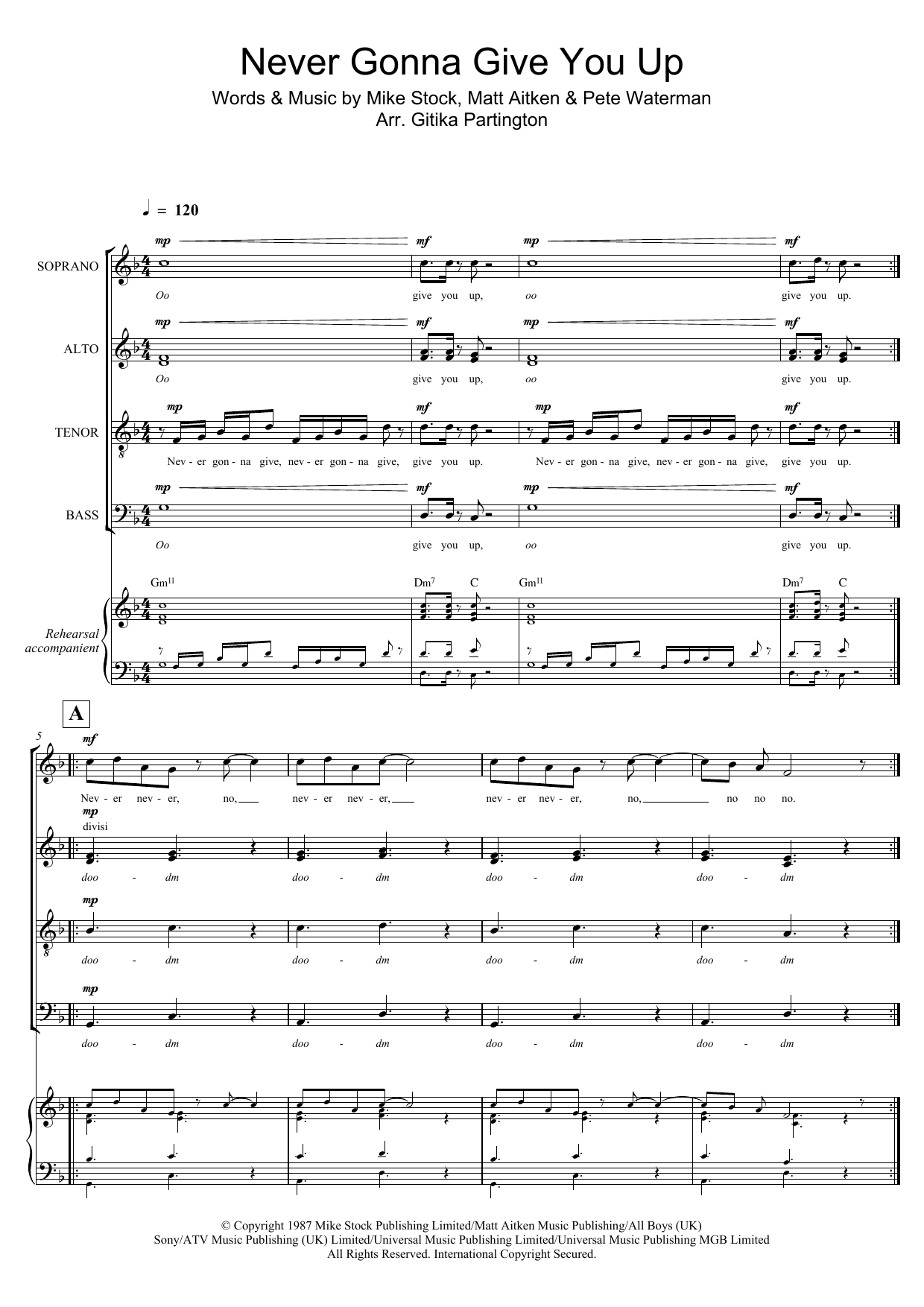 Download Rick Astley Never Gonna Give You Up (arr. Gitika Partington) Sheet Music and learn how to play SATB PDF digital score in minutes