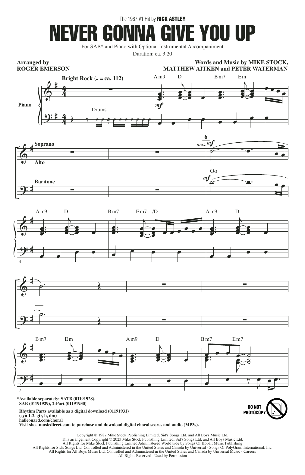 Download Rick Astley Never Gonna Give You Up (arr. Roger Emerson) Sheet Music and learn how to play 2-Part Choir PDF digital score in minutes