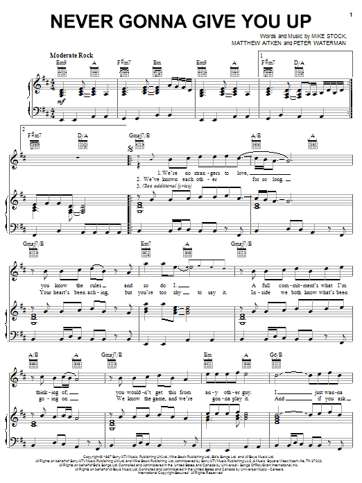 Download Rick Astley Never Gonna Give You Up Sheet Music and learn how to play Piano, Vocal & Guitar (Right-Hand Melody) PDF digital score in minutes