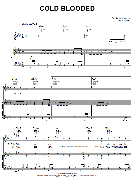 Download Rick James Cold Blooded Sheet Music and learn how to play Piano, Vocal & Guitar (Right-Hand Melody) PDF digital score in minutes