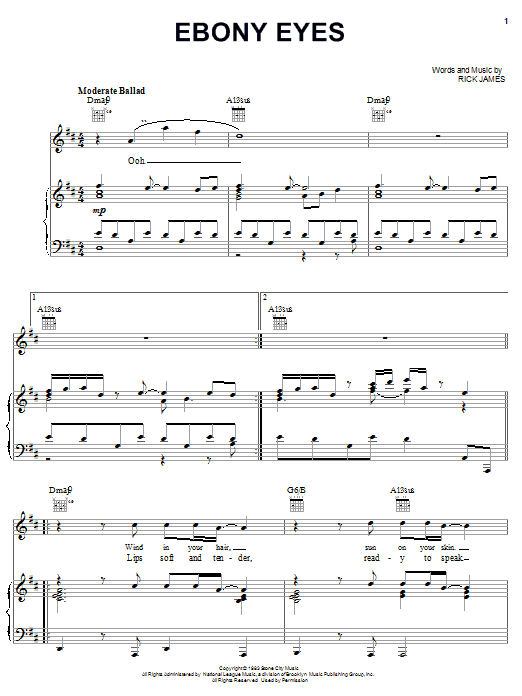 Download Rick James Ebony Eyes Sheet Music and learn how to play Piano, Vocal & Guitar (Right-Hand Melody) PDF digital score in minutes