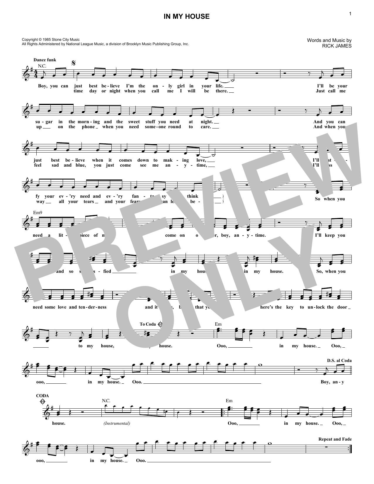 Download Rick James In My House Sheet Music and learn how to play Melody Line, Lyrics & Chords PDF digital score in minutes