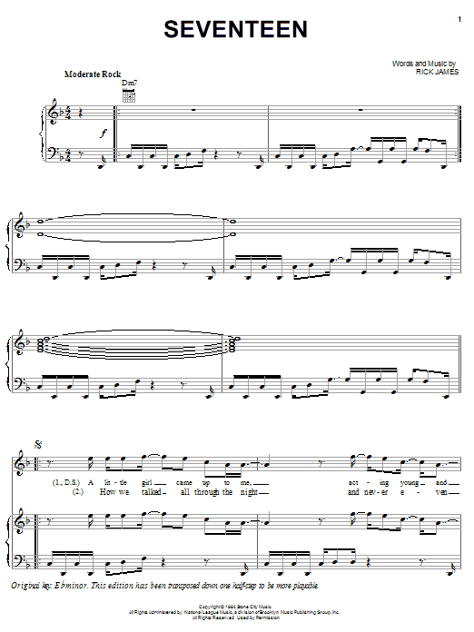 Download Rick James Seventeen Sheet Music and learn how to play Piano, Vocal & Guitar (Right-Hand Melody) PDF digital score in minutes
