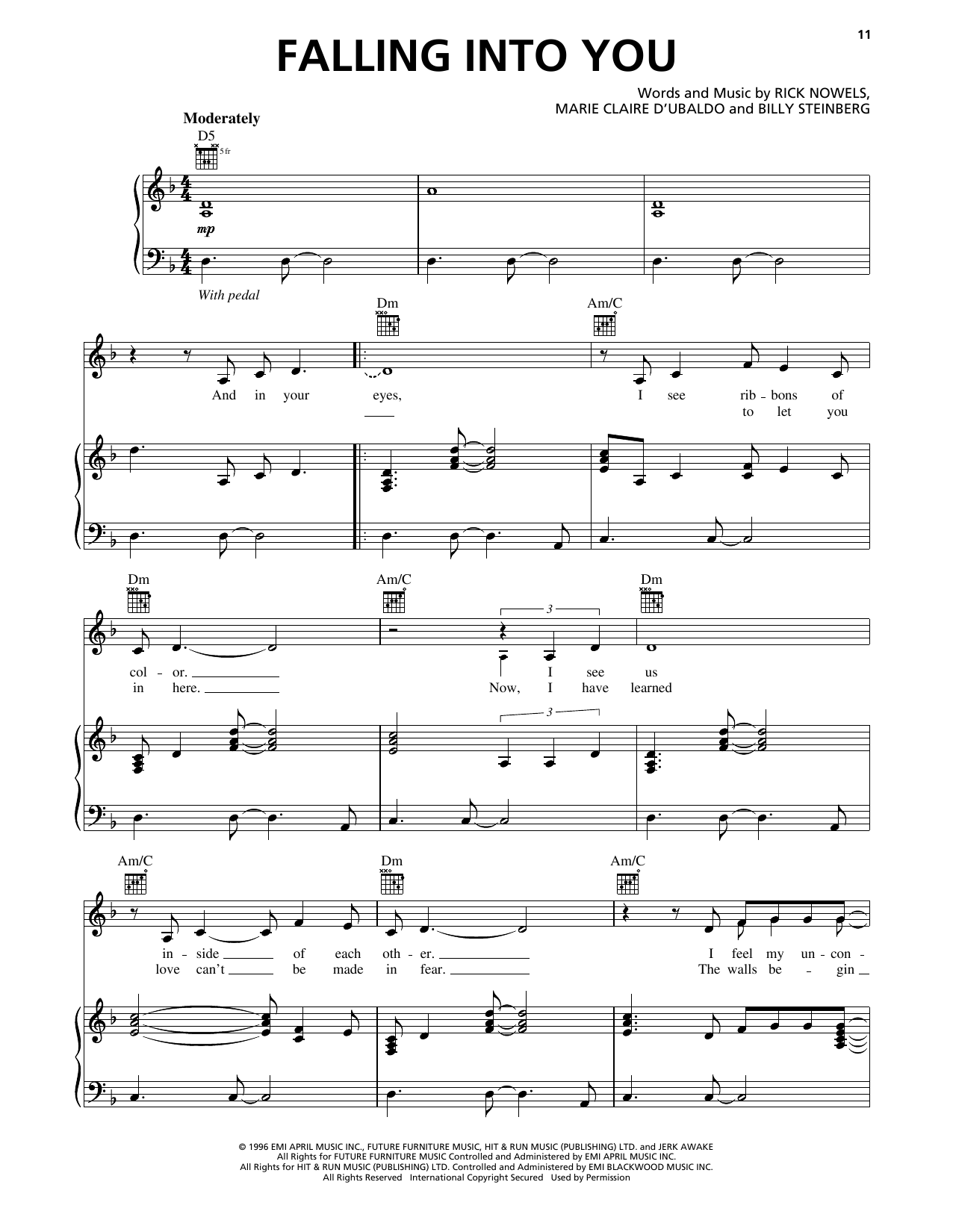 Download Rick Nowels Falling Into You Sheet Music and learn how to play Piano, Vocal & Guitar Chords (Right-Hand Melody) PDF digital score in minutes