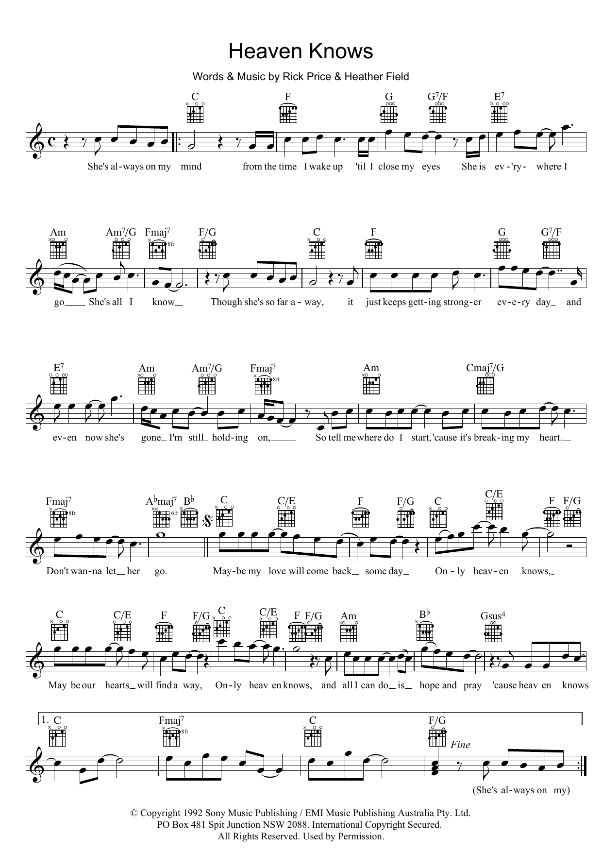 Download Rick Price Heaven Knows Sheet Music and learn how to play Melody Line, Lyrics & Chords PDF digital score in minutes