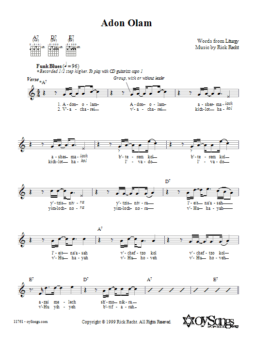 Download Rick Recht Adon Olam Sheet Music and learn how to play Melody Line, Lyrics & Chords PDF digital score in minutes