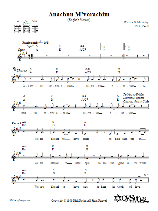 Download Rick Recht Anachnu M'vorachim Sheet Music and learn how to play Melody Line, Lyrics & Chords PDF digital score in minutes