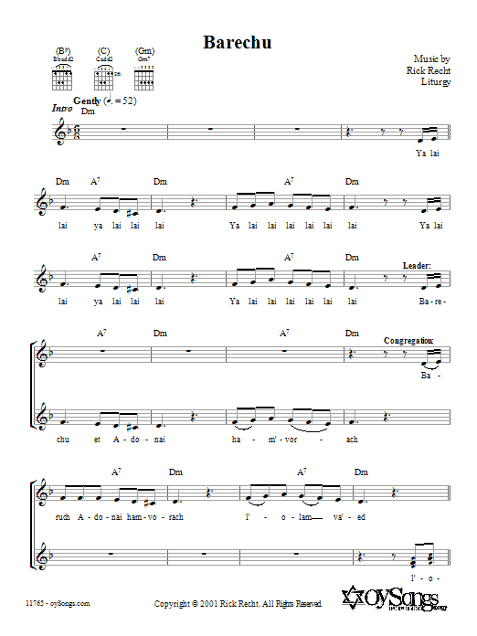Download Rick Recht Barechu Sheet Music and learn how to play Melody Line, Lyrics & Chords PDF digital score in minutes