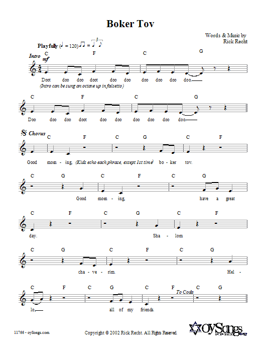 Download Rick Recht Boker Tov Sheet Music and learn how to play Melody Line, Lyrics & Chords PDF digital score in minutes