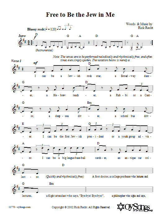 Download Rick Recht Free To Be The Jew In Me Sheet Music and learn how to play Melody Line, Lyrics & Chords PDF digital score in minutes