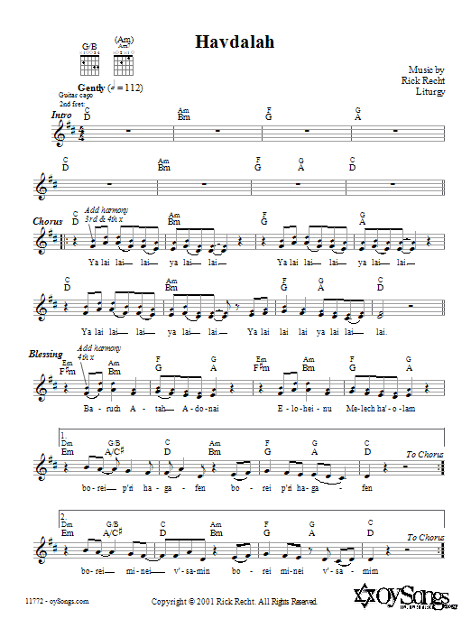 Download Rick Recht Havdalah Sheet Music and learn how to play Melody Line, Lyrics & Chords PDF digital score in minutes