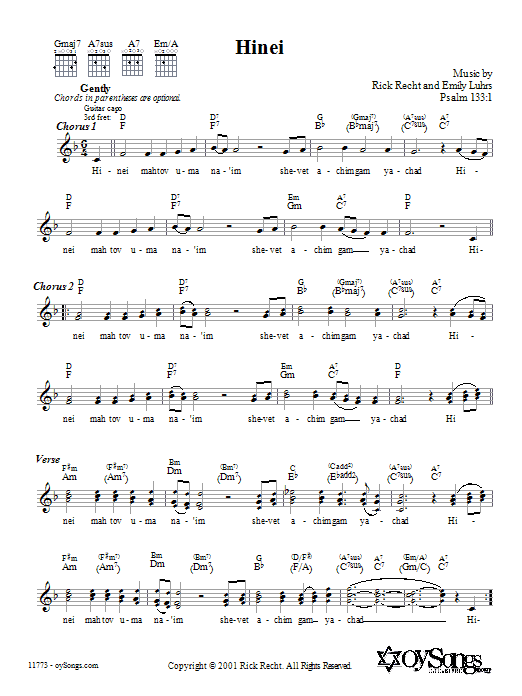 Download Rick Recht Hinei Sheet Music and learn how to play Melody Line, Lyrics & Chords PDF digital score in minutes