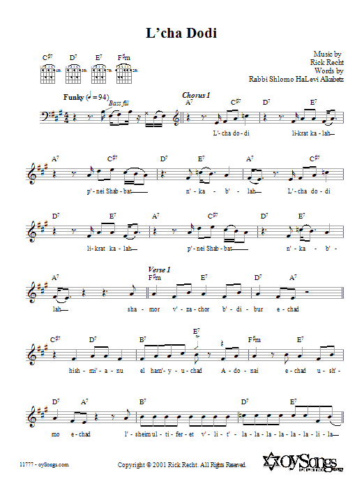 Download Rick Recht L'cha Dodi Sheet Music and learn how to play Melody Line, Lyrics & Chords PDF digital score in minutes
