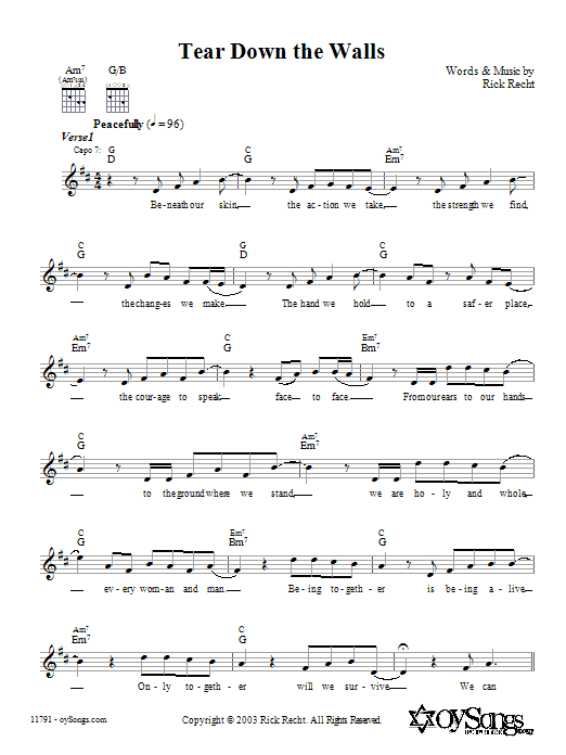 Download Rick Recht Tear Down the Walls Sheet Music and learn how to play Melody Line, Lyrics & Chords PDF digital score in minutes