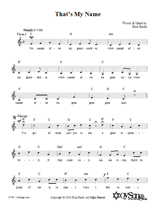 Download Rick Recht That's My Name Sheet Music and learn how to play Melody Line, Lyrics & Chords PDF digital score in minutes