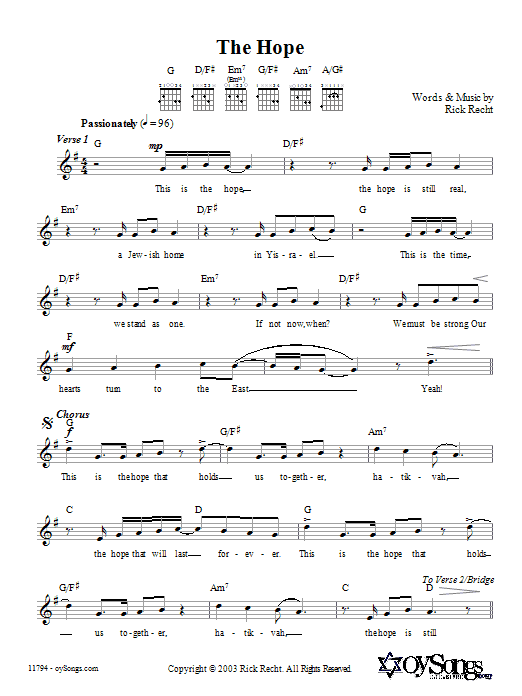 Download Rick Recht The Hope Sheet Music and learn how to play Melody Line, Lyrics & Chords PDF digital score in minutes