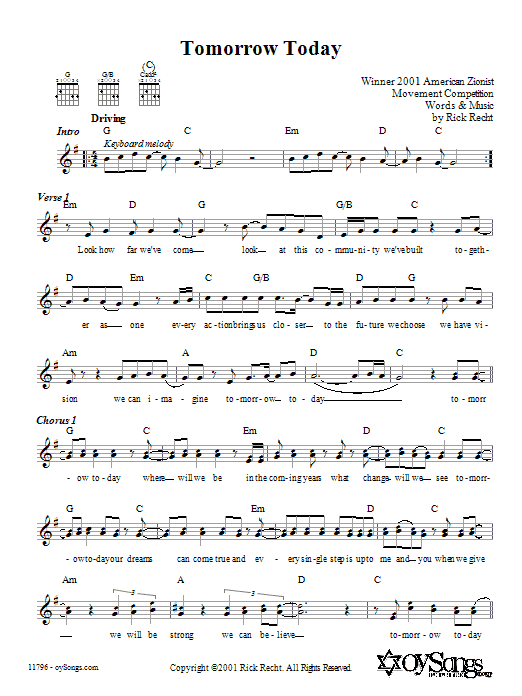 Download Rick Recht Tomorrow Today Sheet Music and learn how to play Melody Line, Lyrics & Chords PDF digital score in minutes