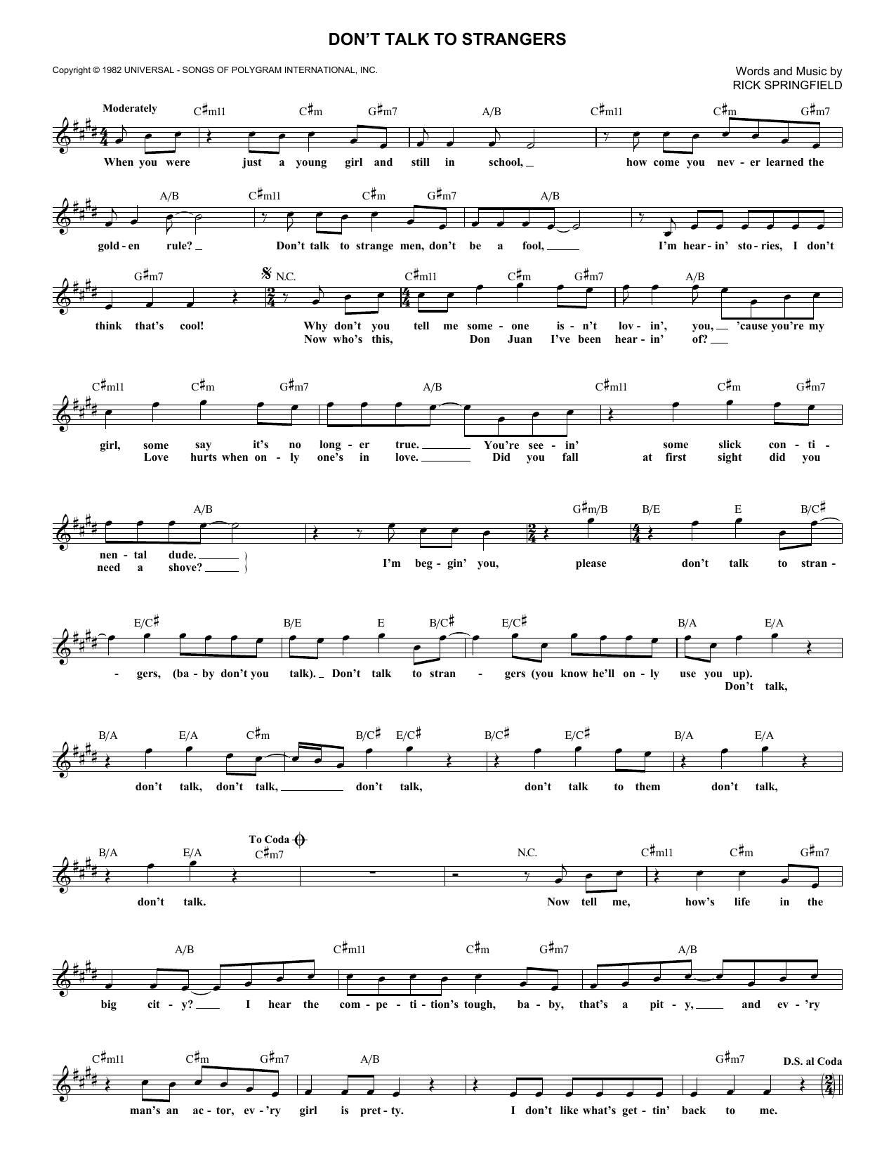 Download Rick Springfield Don't Talk To Strangers Sheet Music and learn how to play Piano, Vocal & Guitar Chords (Right-Hand Melody) PDF digital score in minutes
