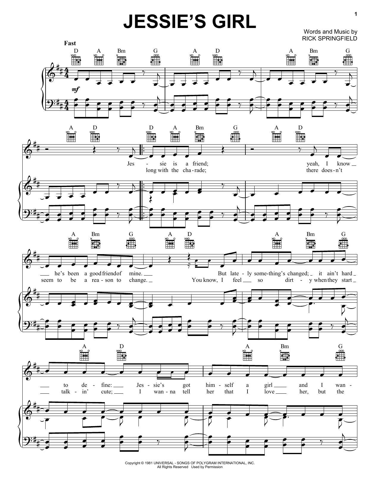 Download Rick Springfield Jessie's Girl Sheet Music and learn how to play Guitar Lead Sheet PDF digital score in minutes