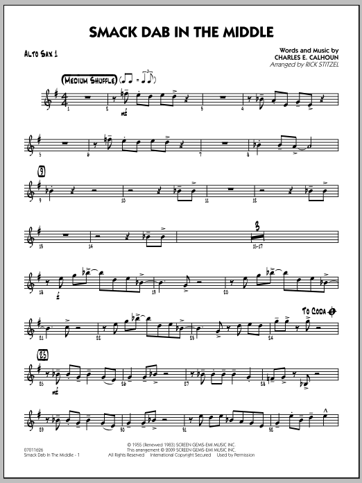 Download Rick Stitzel Smack Dab In The Middle - Alto Sax 1 Sheet Music and learn how to play Jazz Ensemble PDF digital score in minutes