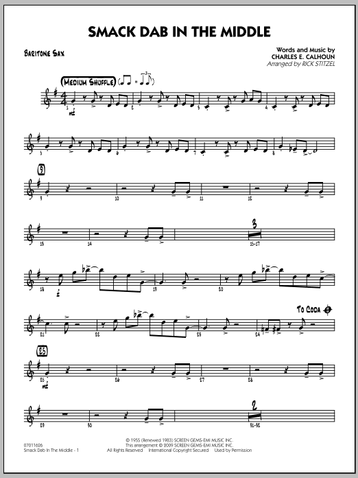 Download Rick Stitzel Smack Dab In The Middle - Baritone Sax Sheet Music and learn how to play Jazz Ensemble PDF digital score in minutes