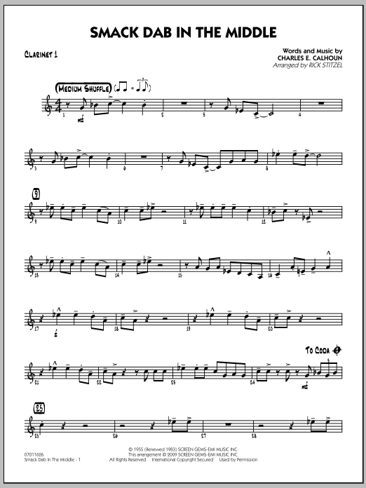 Download Rick Stitzel Smack Dab In The Middle - Bb Clarinet 1 Sheet Music and learn how to play Jazz Ensemble PDF digital score in minutes