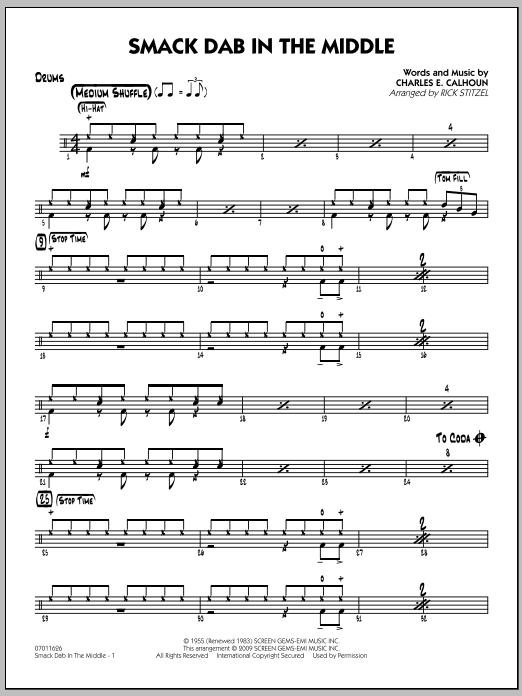 Download Rick Stitzel Smack Dab In The Middle - Drums Sheet Music and learn how to play Jazz Ensemble PDF digital score in minutes