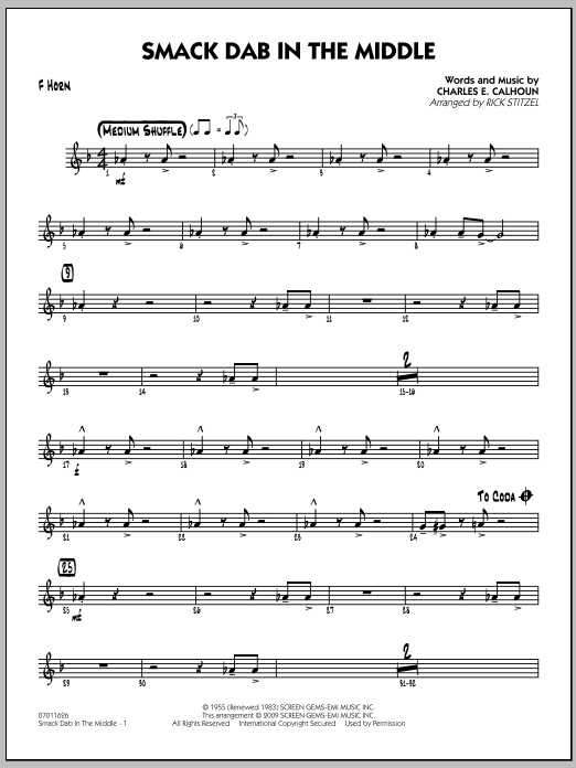 Download Rick Stitzel Smack Dab In The Middle - F Horn Sheet Music and learn how to play Jazz Ensemble PDF digital score in minutes