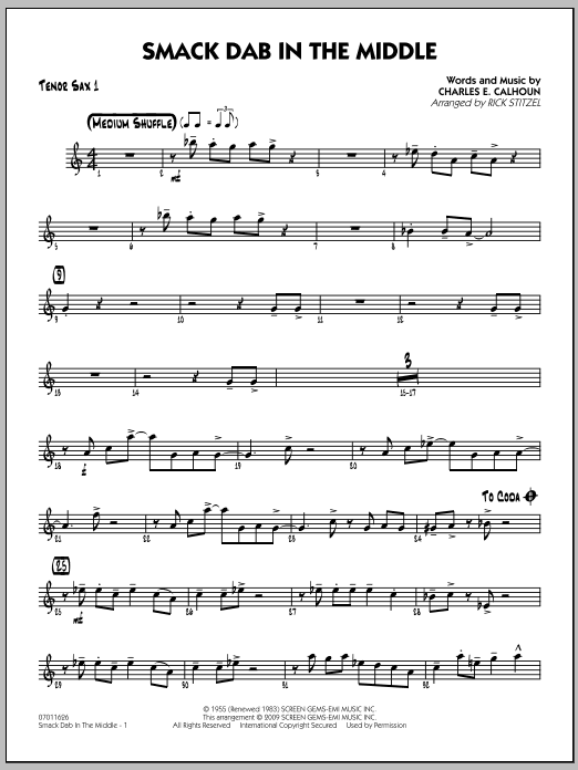 Download Rick Stitzel Smack Dab In The Middle - Tenor Sax 1 Sheet Music and learn how to play Jazz Ensemble PDF digital score in minutes